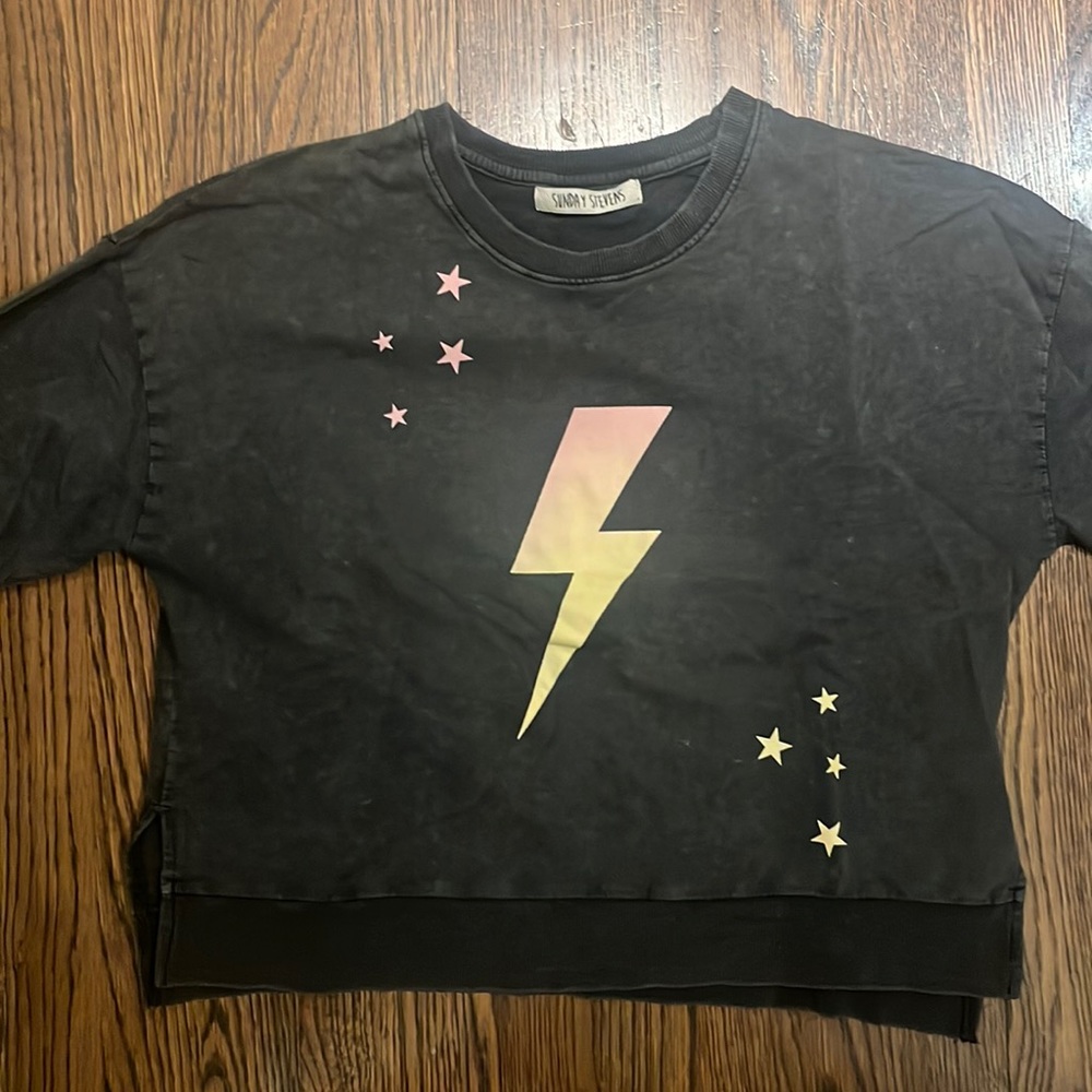 Sunday Stevens Vintage Black Thin Twill Sweatshirt with Pastel Lightning Bolt